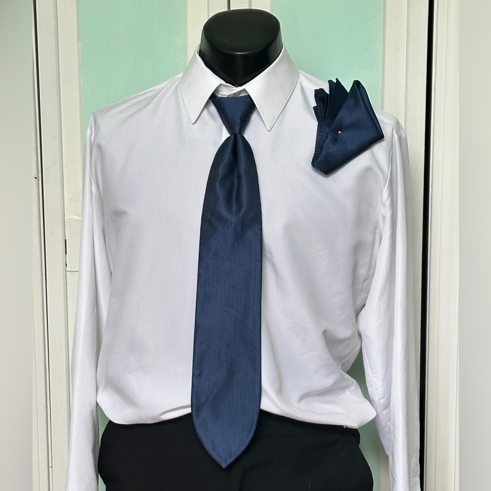 Navy Dark Blue Tie Wedding Prom Tuxedo Herringbone Pre Tied clip Pocket Square